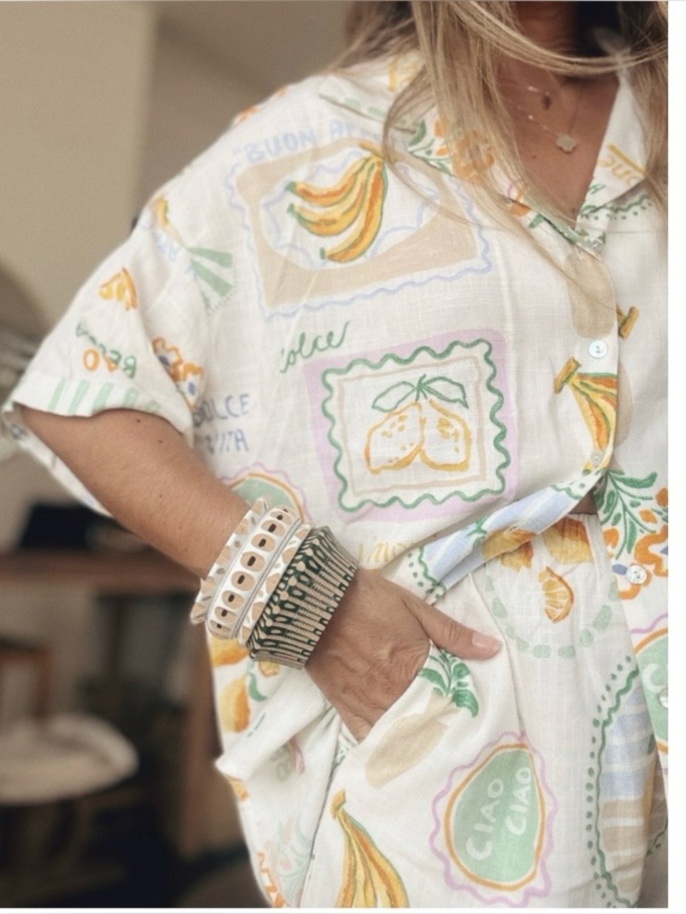 Paper Heart vacation print linen blend boxy blouse